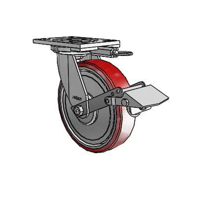 6 Series Casters Top Plate Swivel Zinc Caster with 8 x 2 Maroon on Silver Moldon Polyurethane (Aluminum Core) Wheel and Tread Lock Brake