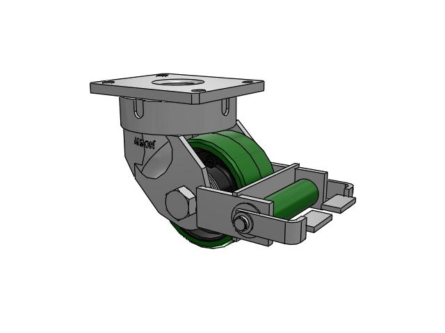 600 Series Top Plate Swivel Caster with 6 x 3 Green Tread on Black Cast Iron Core PX - Thick Polyurethane (Cast Iron Core) Wheel and Poly Cam Brake