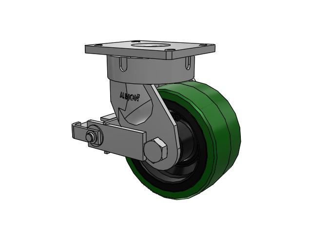 600 Series Top Plate Swivel Caster with 8 x 4 Green Tread on Black Cast Iron Core PX - Thick Polyurethane (Cast Iron Core) Wheel and Poly Cam Brake