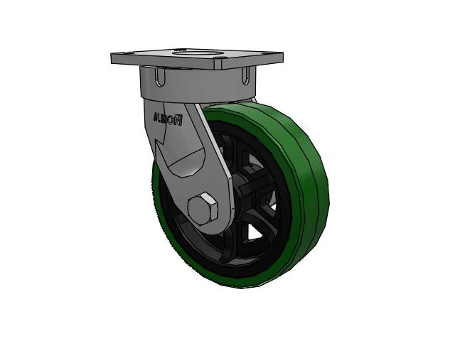 600 Series Top Plate Swivel Caster with 10 x 3 Green Tread on Black Cast Iron Core PX - Thick Polyurethane (Cast Iron Core) Wheel