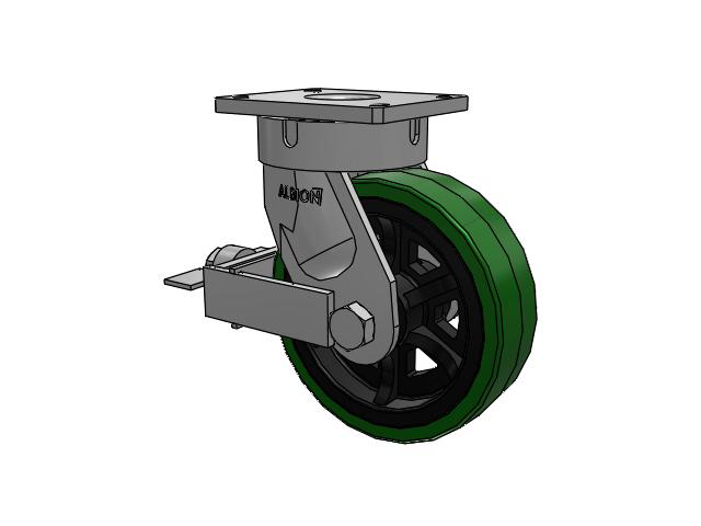 600 Series Top Plate Swivel Caster with 10 x 3 Green Tread on Black Cast Iron Core PX - Thick Polyurethane (Cast Iron Core) Wheel and Face Brake