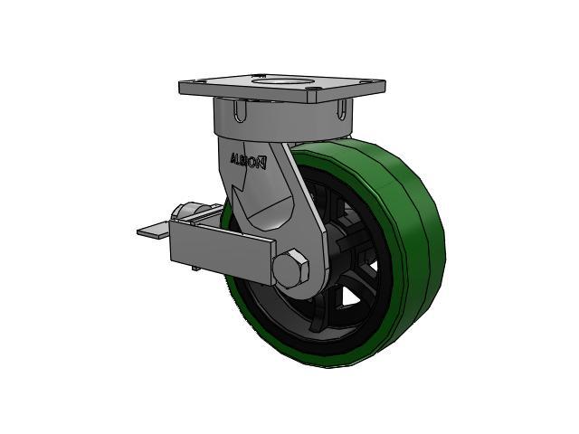 600 Series Top Plate Swivel Caster with 10 x 4 Green Tread on Black Cast Iron Core PX - Thick Polyurethane (Cast Iron Core) Wheel and Face Brake