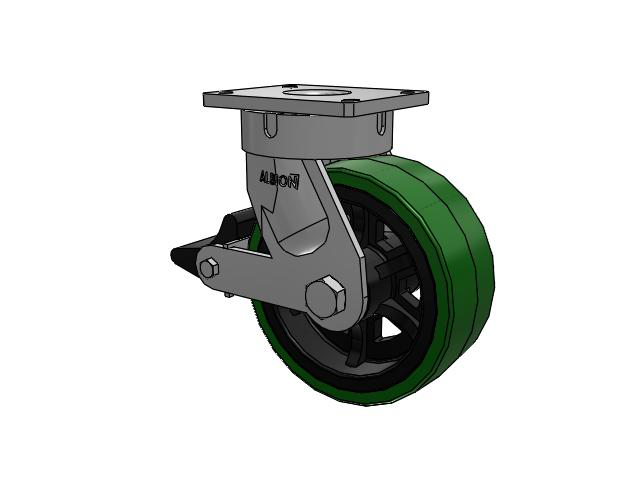 600 Series Top Plate Swivel Caster with 10 x 4 Green Tread on Black Cast Iron Core PX - Thick Polyurethane (Cast Iron Core) Wheel and Poly Lock Integrated Brake