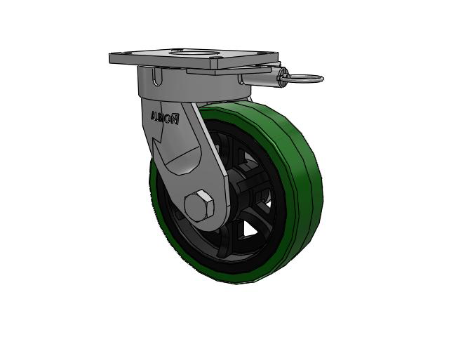 Roulette pivotante à plaque supérieure de la série 600, avec bande de roulement verte de 10 x 4 sur noyau en fonte noire PX - Roue en polyuréthane épais (noyau en fonte)