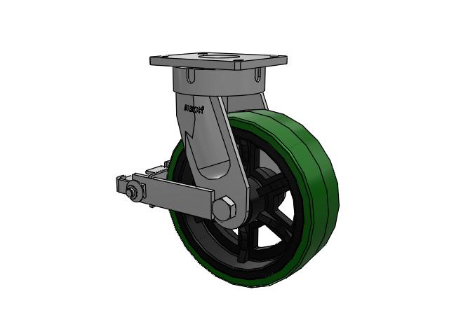 600 Series Top Plate Swivel Caster with 12 x 4 Green Tread on Black Cast Iron Core PX - Thick Polyurethane (Cast Iron Core) Wheel and Poly Cam Brake