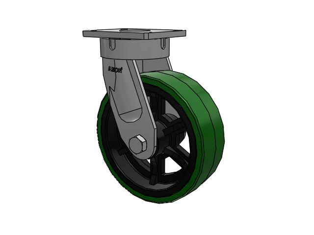 600 Series Top Plate Swivel Caster with 12 x 4 Green Tread on Black Cast Iron Core PX - Thick Polyurethane (Cast Iron Core) Wheel