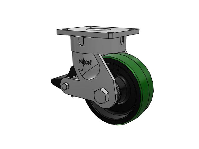 Roulette pivotante à plaque supérieure de la série 600, avec bande de roulement verte de 8 x 3 sur noyau en fonte noire PY – Roue en polyuréthane (noyau en fonte) et frein intégré Poly Lock