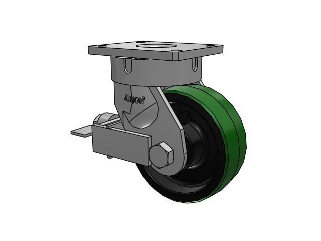 600 Series Top Plate Swivel Caster with 8 x 3 Green Tread on Black Cast Iron Core PY - Polyurethane (Cast Iron Core) Wheel and Face Brake
