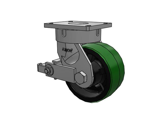 600 Series Top Plate Swivel Caster with 8 x 4 Green Tread on Black Cast Iron Core PY - Polyurethane (Cast Iron Core) Wheel and Poly Cam Brake