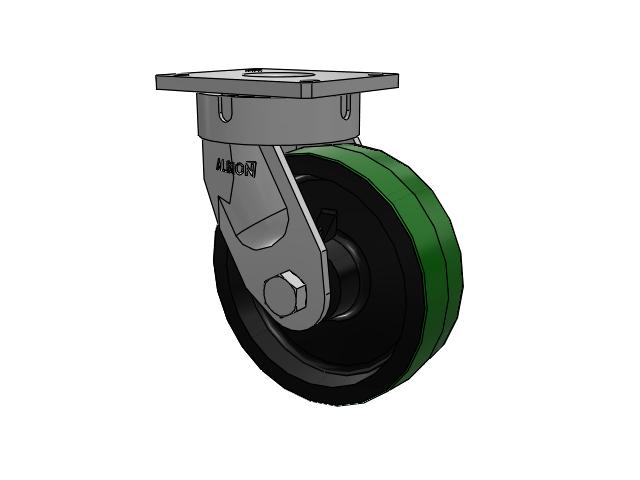 600 Series Top Plate Swivel Caster with 10 x 3 Green Tread on Black Cast Iron Core PY - Polyurethane (Cast Iron Core) Wheel