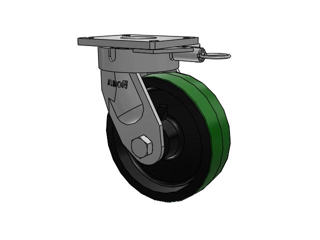 600 Series Top Plate Swivel Caster with 10 x 3 Green Tread on Black Cast Iron Core PY - Polyurethane (Cast Iron Core) Wheel