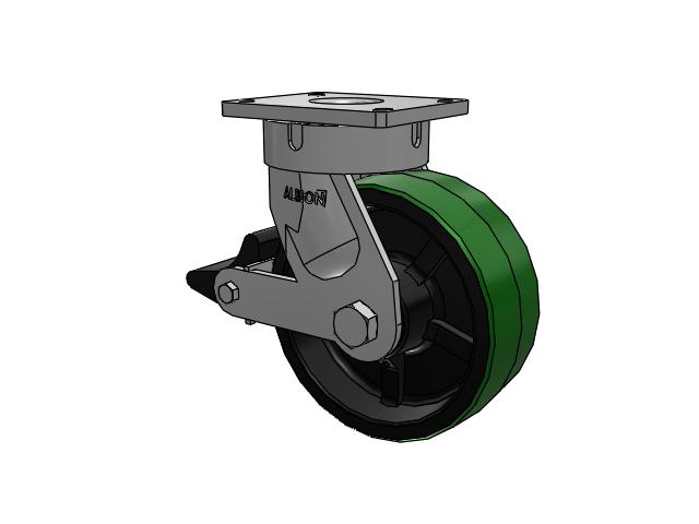600 Series Top Plate Swivel Caster with 10 x 4 Green Tread on Black Cast Iron Core PY - Polyurethane (Cast Iron Core) Wheel and Poly Lock Integrated Brake