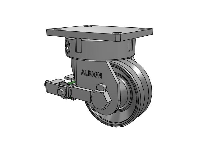 610 Series Top Plate Swivel Silver Enamel Paint Caster with 6 x 2.5 VG - Cast Iron V-Groove Wheel and Poly Cam Brake