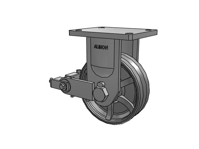 610 Series Top Plate Rigid Silver Enamel Paint Caster with 8 x 2.5 VG - Cast Iron V-Groove Wheel and Poly Cam Brake