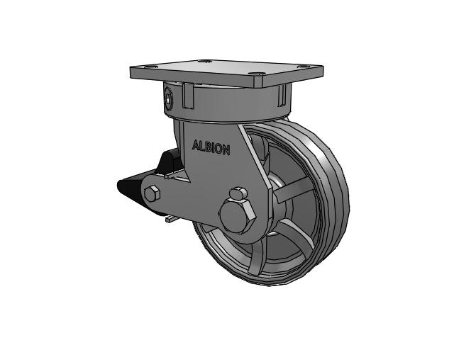 610 Series Top Plate Swivel Silver Enamel Paint Caster with 8 x 2.5 VG - Cast Iron V-Groove Wheel and Poly Lock Integrated Brake