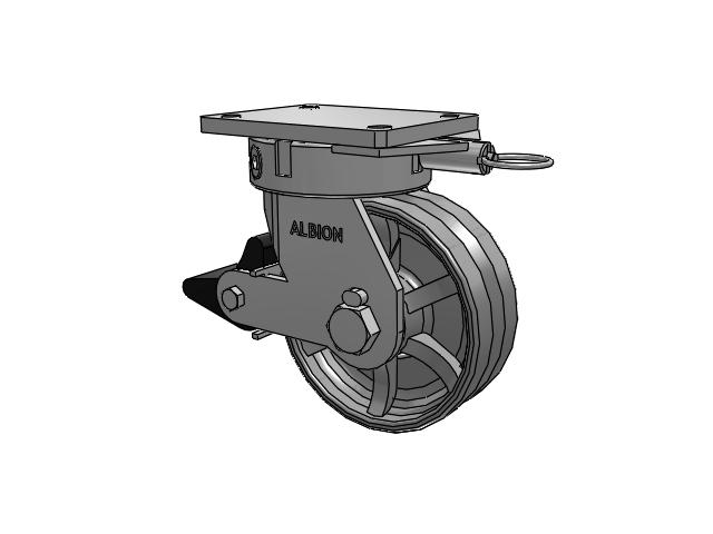 610 Series Top Plate Swivel Silver Enamel Paint Caster with 8 x 3 VG - Cast Iron V-Groove Wheel and Poly Lock Integrated Brake