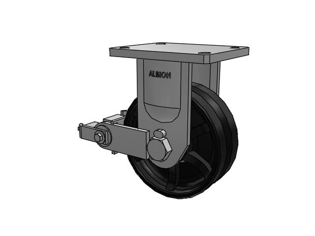 610 Series Top Plate Rigid Flat Black Paint Caster with 8 x 3 VM - Ductile V-Groove Wheel and Poly Cam Brake