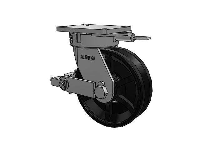 610 Series Top Plate Swivel Flat Black Paint Caster with 10 x 3 VM - Ductile V-Groove Wheel and Poly Cam Brake