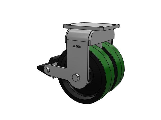 615 Series Top Plate Rigid Caster with 10 x 3 Green tread on black core PF - Polyurethane (Cast Iron Core) Wheel and Poly Lock Integrated Brake