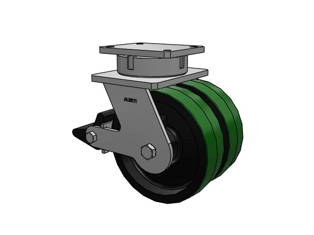 615 Series Top Plate Swivel Caster with 10 x 3 Green tread on black core PF - Polyurethane (Cast Iron Core) Wheel and Poly Lock Integrated Brake