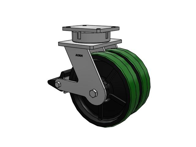 Roulette pivotante à plaque supérieure de la série 615, avec bande de roulement verte de 12 x 3 sur noyau noir PF - roue en polyuréthane (noyau en fonte) et frein intégré Poly Lock