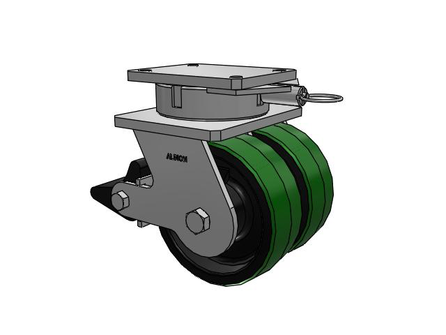 615 Series Top Plate Swivel Caster with 8 x 3 Green tread on black core PY - Polyurethane (Cast Iron Core) Wheel and Poly Lock Integrated Brake
