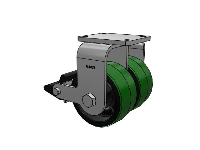 615 Series Top Plate Rigid Caster with 8 x 4 Green tread on black core PY - Polyurethane (Cast Iron Core) Wheel and Poly Lock Integrated Brake