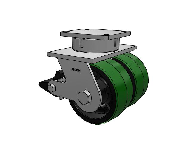 615 Series Top Plate Swivel Caster with 8 x 4 Green tread on black core PY - Polyurethane (Cast Iron Core) Wheel and Poly Lock Integrated Brake