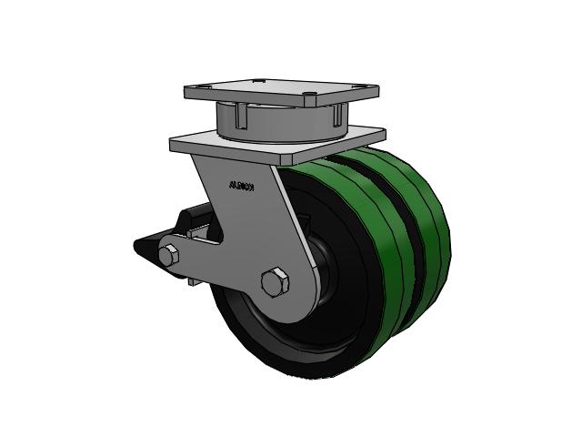 615 Series Top Plate Swivel Caster with 10 x 3 Green tread on black core PY - Polyurethane (Cast Iron Core) Wheel and Poly Lock Integrated Brake