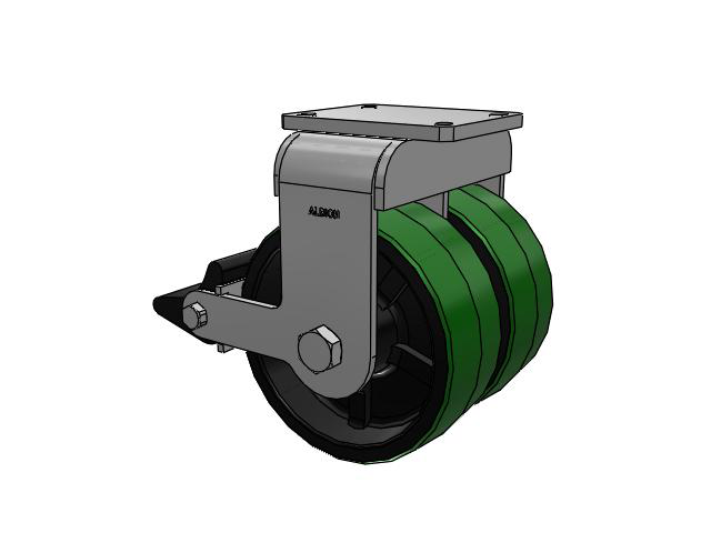 615 Series Top Plate Rigid Caster with 10 x 4 Green tread on black core PY - Polyurethane (Cast Iron Core) Wheel and Poly Lock Integrated Brake