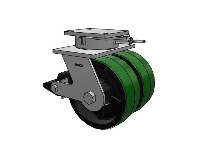 615 Series Top Plate Swivel Caster with 10 x 4 Green tread on black core PY - Polyurethane (Cast Iron Core) Wheel and Poly Lock Integrated Brake