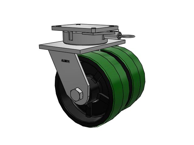 615 Series Top Plate Swivel Caster with 10 x 4 Green tread on black core PY - Polyurethane (Cast Iron Core) Wheel