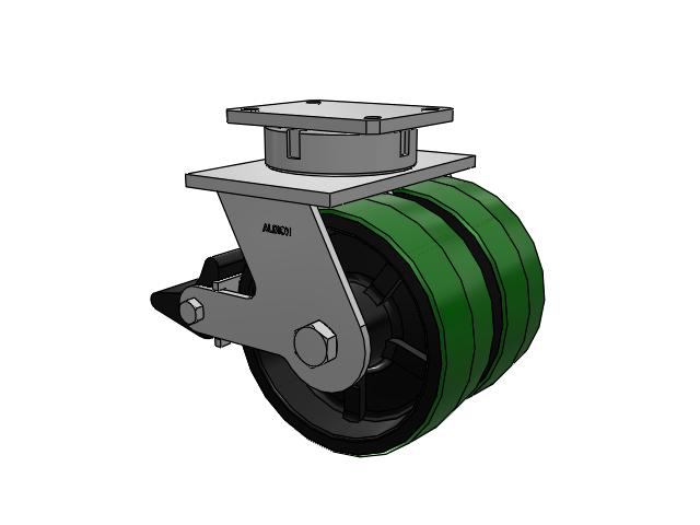 615 Series Top Plate Swivel Caster with 10 x 4 Green tread on black core PY - Polyurethane (Cast Iron Core) Wheel and Poly Lock Integrated Brake