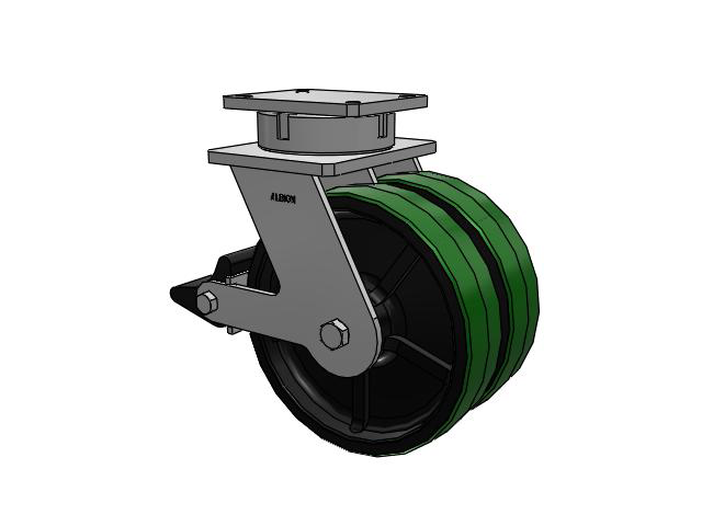 615 Series Top Plate Swivel Caster with 12 x 3 Green tread on black core PY - Polyurethane (Cast Iron Core) Wheel and Poly Lock Integrated Brake