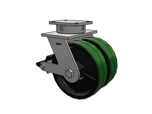 615 Series Top Plate Swivel Caster with 12 x 3.5 Green tread on black core PY - Polyurethane (Cast Iron Core) Wheel and Poly Lock Integrated Brake