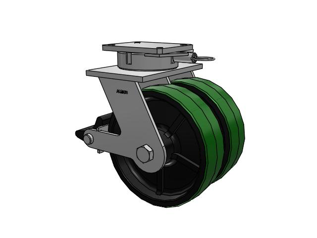 615 Series Top Plate Swivel Caster with 12 x 3.5 Green tread on black core PY - Polyurethane (Cast Iron Core) Wheel and Poly Lock Integrated Brake