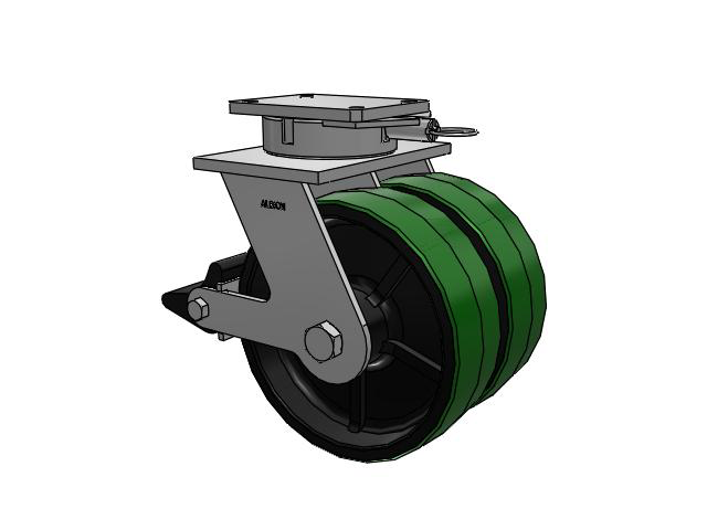 615 Series Top Plate Swivel Caster with 12 x 4 Green tread on black core PY - Polyurethane (Cast Iron Core) Wheel and Poly Lock Integrated Brake