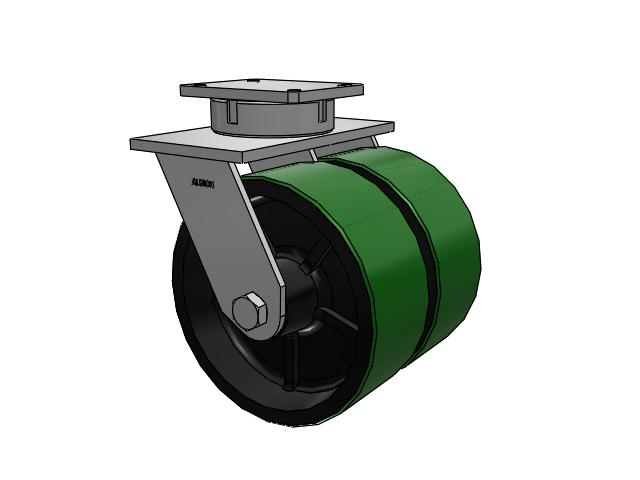 615 Series Top Plate Swivel Caster with 12 x 5 Green tread on black core PY - Polyurethane (Cast Iron Core) Wheel