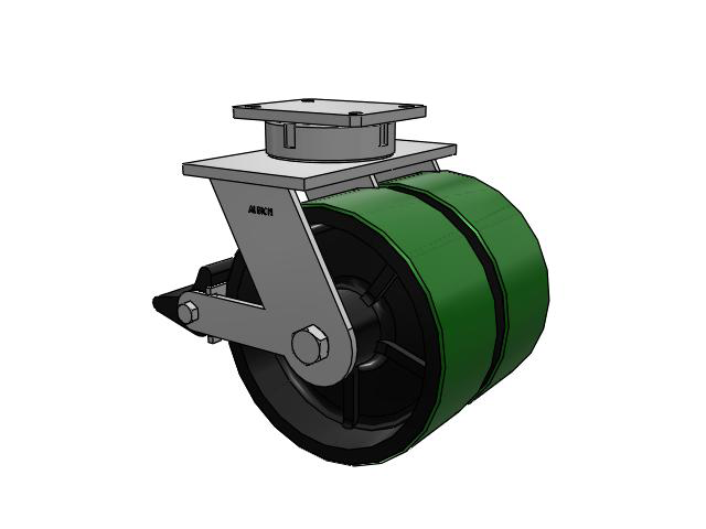 615 Series Top Plate Swivel Caster with 12 x 5 Green tread on black core PY - Polyurethane (Cast Iron Core) Wheel and Poly Lock Integrated Brake