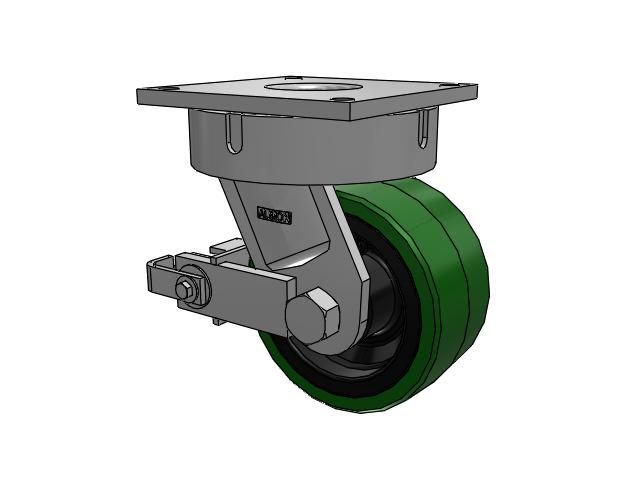 700 Series Top Plate Swivel Caster with 8 Green Tread on Black Cast Iron Core PX - Thick Polyurethane (Cast Iron Core) Wheel and Poly Cam Brake