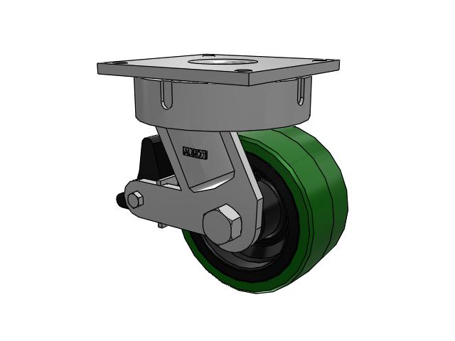 700 Series Top Plate Swivel Caster with 8 Green Tread on Black Cast Iron Core PX - Thick Polyurethane (Cast Iron Core) Wheel and Poly Lock Integrated Brake