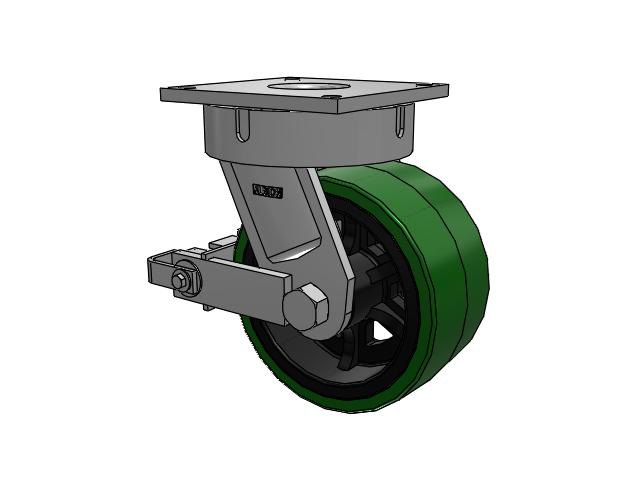 700 Series Top Plate Swivel Caster with 10 Green Tread on Black Cast Iron Core PX - Thick Polyurethane (Cast Iron Core) Wheel and Poly Cam Brake