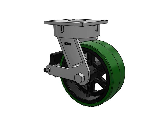 700 Series Top Plate Swivel Caster with 12 Green Tread on Black Cast Iron Core PX - Thick Polyurethane (Cast Iron Core) Wheel and Poly Lock Integrated Brake
