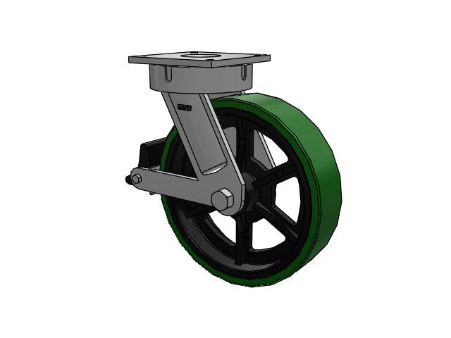 700 Series Top Plate Swivel Caster with 16 Green Tread on Black Cast Iron Core PX - Thick Polyurethane (Cast Iron Core) Wheel and Poly Lock Integrated Brake