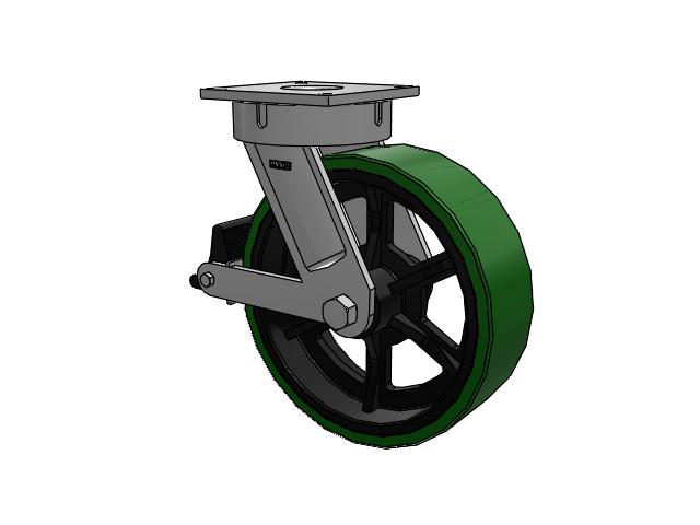 700 Series Top Plate Swivel Caster with 16 Green Tread on Black Cast Iron Core PX - Thick Polyurethane (Cast Iron Core) Wheel and Poly Lock Integrated Brake
