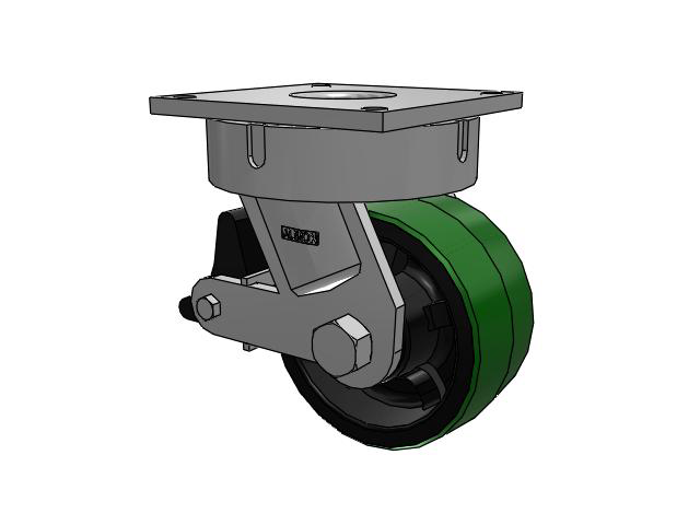 700 Series Top Plate Swivel Caster with 8 Green Tread on Black Cast Iron Core PY - Polyurethane (Cast Iron Core) Wheel and Poly Lock Integrated Brake