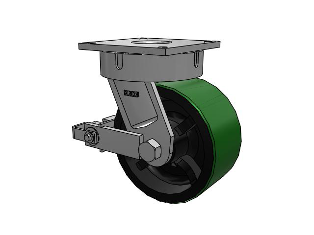 700 Series Top Plate Swivel Caster with 10 Green Tread on Black Cast Iron Core PY - Polyurethane (Cast Iron Core) Wheel and Poly Cam Brake