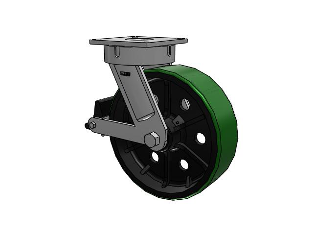 700 Series Top Plate Swivel Caster with 16 Green Tread on Black Cast Iron Core PY - Polyurethane (Cast Iron Core) Wheel and Poly Lock Integrated Brake