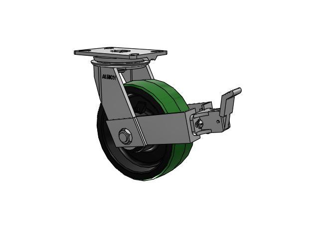 81 Series Top Plate Swivel Caster with 8 x 3 Green Tread on Black Cast Iron Core PY - Polyurethane (Cast Iron Core) Wheel and Face Brake