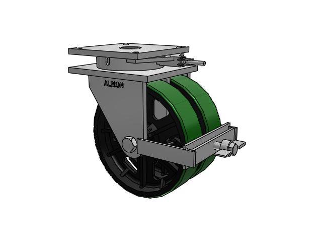 850 Series Top Plate Swivel Caster with 16 x 4 Green tread on black core PY - Polyurethane (Cast Iron Core) Wheel and Face Brake